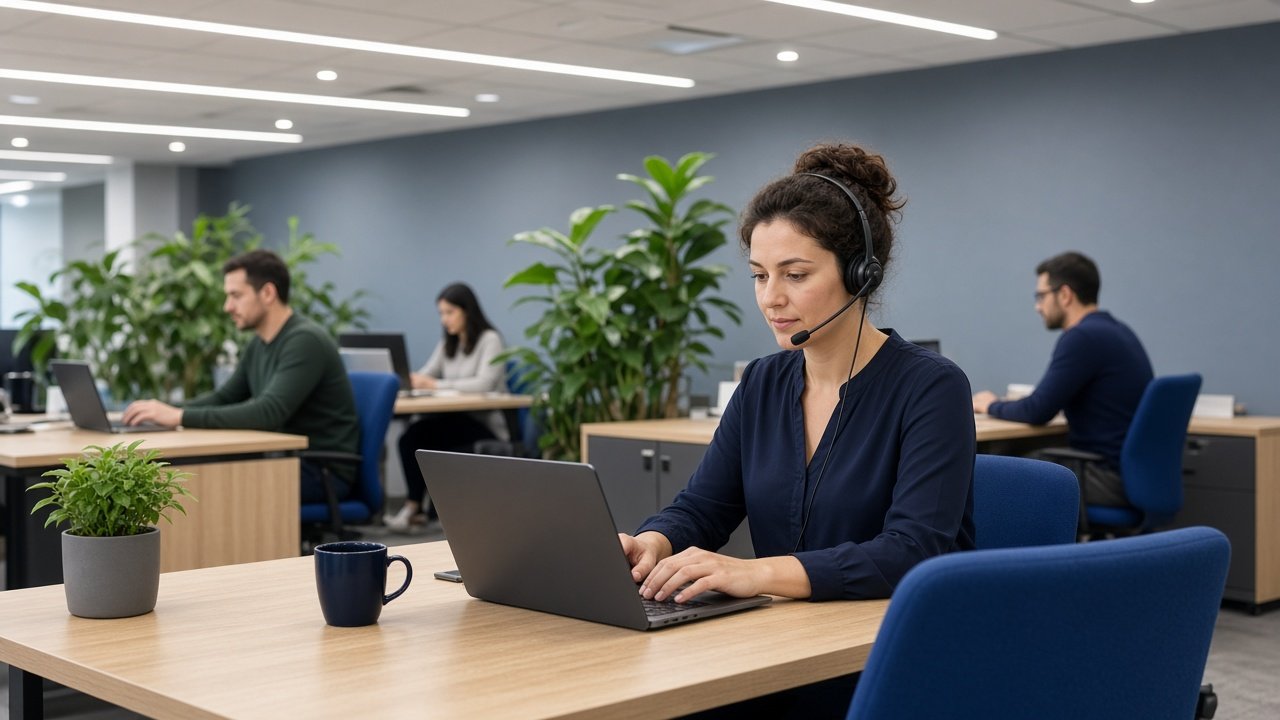 A colleague on a headset in a busy modern office.
