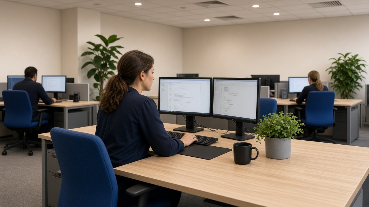 A payroll specialist working at a desk in a busy office.