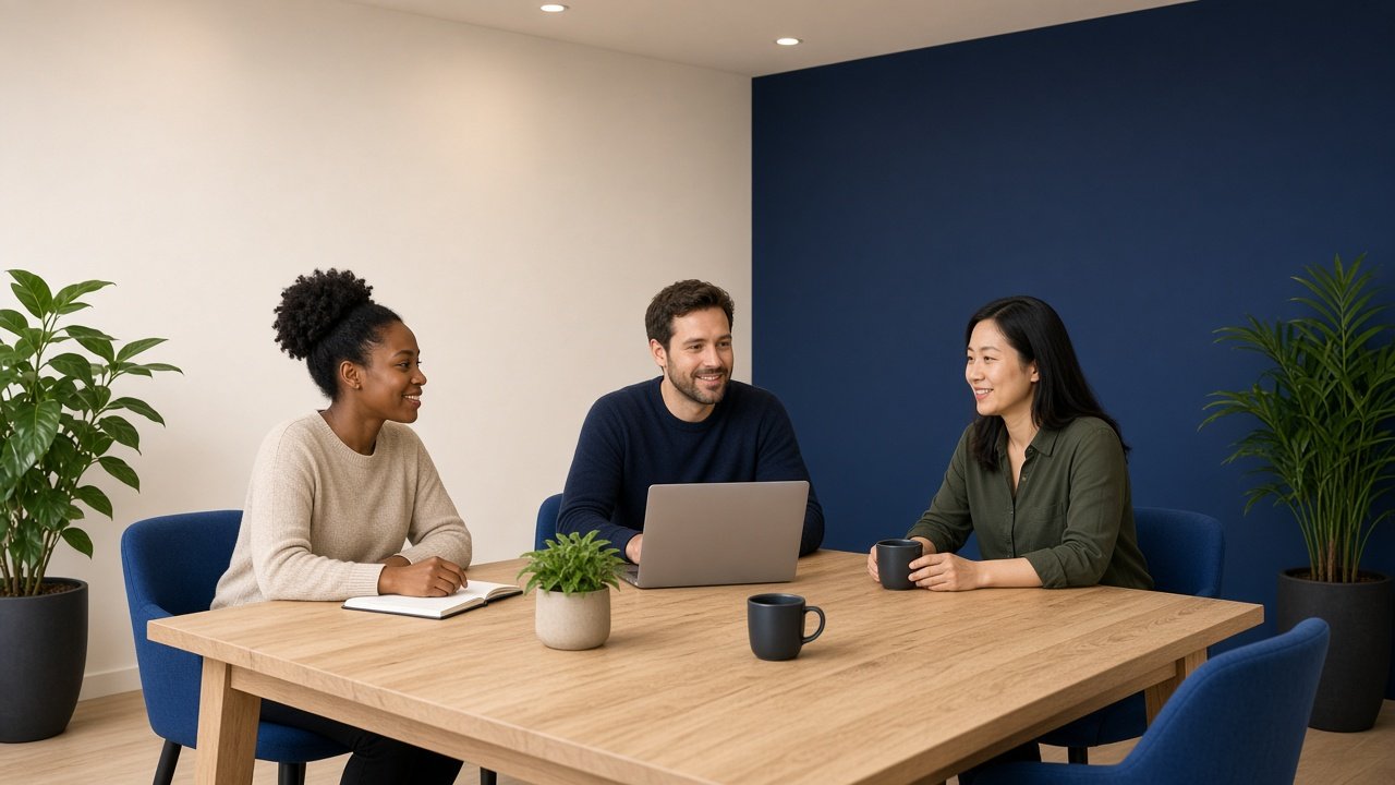 Colleagues in a busy office reviewing work around a table.