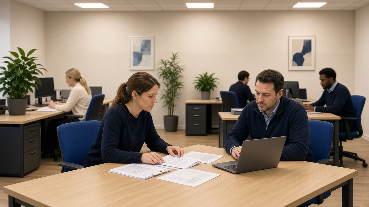 Two colleagues reviewing payroll and pension schedules in a busy office.