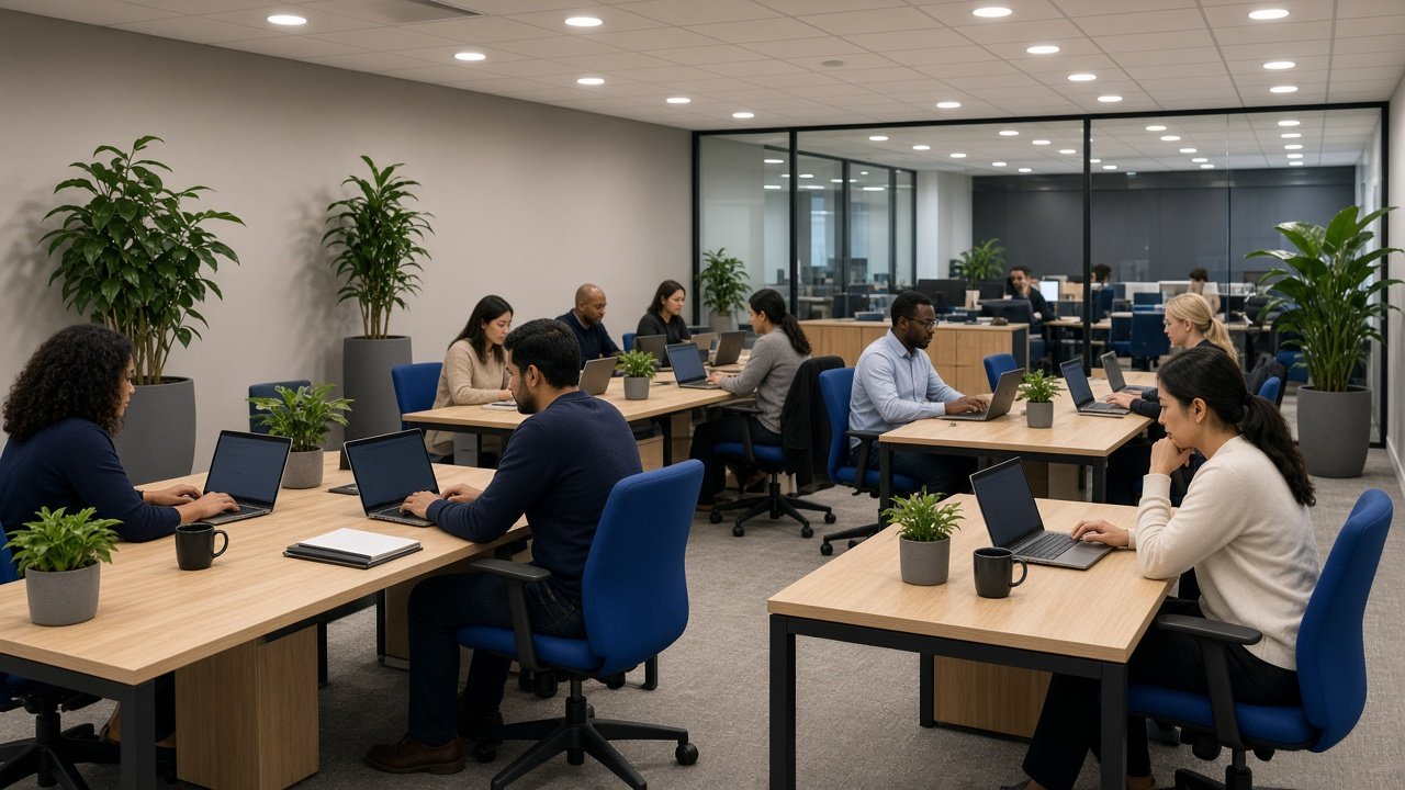 A thriving open-plan office with people working at shared desks.