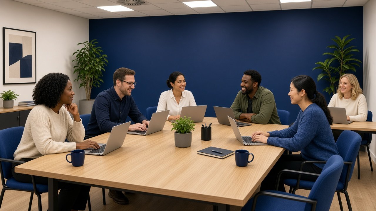 Colleagues collaborating around a table in a modern office.